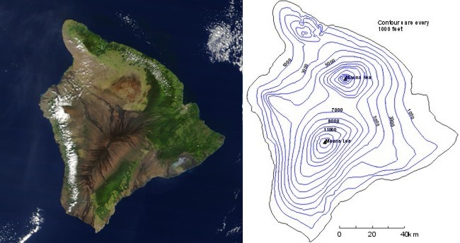 A view of Hawaii from space, side-by-side with a contour map of the same island.