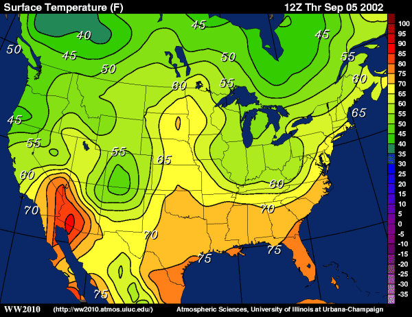 A temperture map of North America drawn with color-shaded contours.