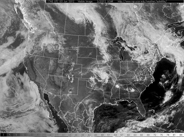 A visible satellite image of the United States.