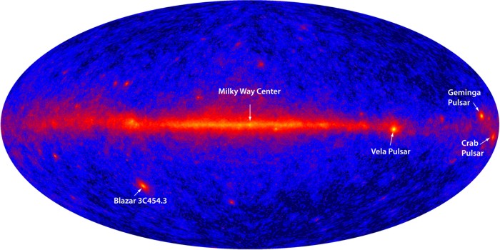 A depiction of the night sky in the gamma ray portion of the EM spectrum.