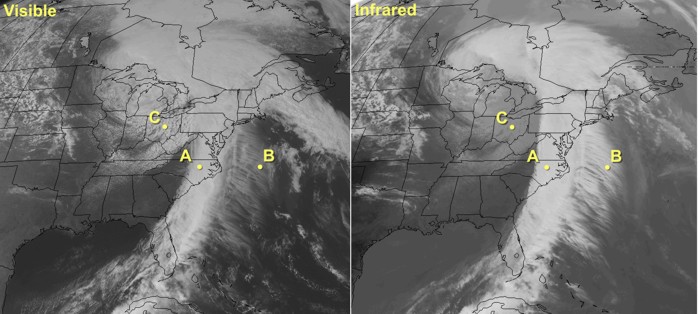 Side-by-side comparison of a visible and IR satellite image.