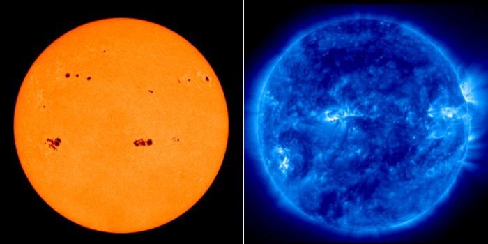 A view of the sun in the visible and untraviolet portions of the spectrum.