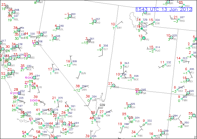 A station model plot for the southwest United States.