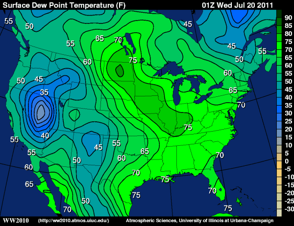 Contour map of dew point temperatures showing dew points above 80F over North Dakota.