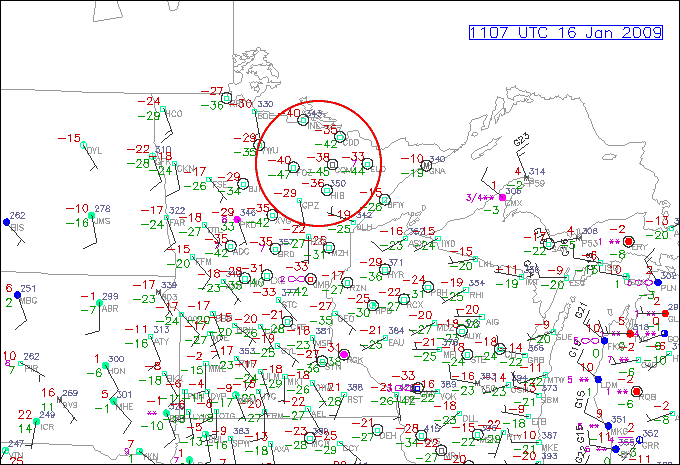 Station model plot of the Upper-Midwest U.S. showing dew points less than -40F.