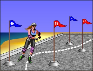 A cartoon of a person wearing roller-blades who is skating between various flags.