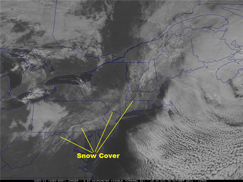 A visible satellite image of the northeast U.S. demonstrating how snow cover can appear.