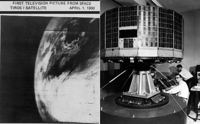 An early view of the earth from space taken by the Tiros satellite (pictured at right).