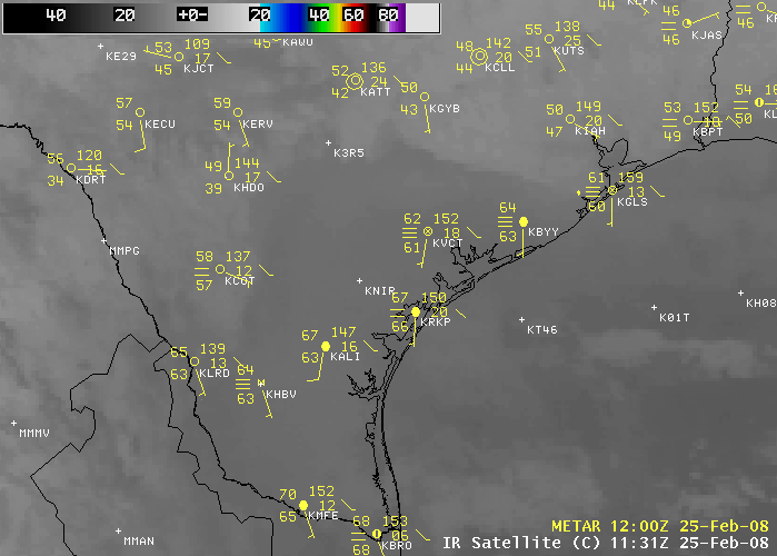 An IR satellite image of southern Texas with surface observations plotted.