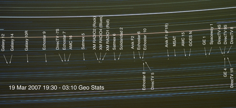 Star trails on a long exposure photograph.  Geostationary statellites are seen as points rather than streaks.